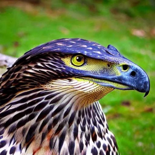 Image similar to hawk and crocodile morphed together, half crocodile, half hawk, real picture taken in zoo, realistic hawk proportions, head of crocodile is seamlessly merged with hawk