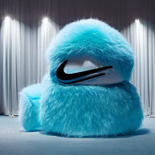 Prompt: nike fluffy mascot made of very fluffy blue faux fur placed on reflective surface, professional advertising, overhead lighting, heavy detail, realistic by nate vanhook, mark miner