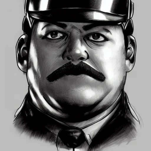 Prompt: paul blart mall cop by yoji shinkawa, pencil drawing, professional illustration, trending on artstation, portrait