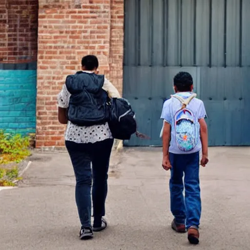 Image similar to mother taking her son to the school in a solarpunk city