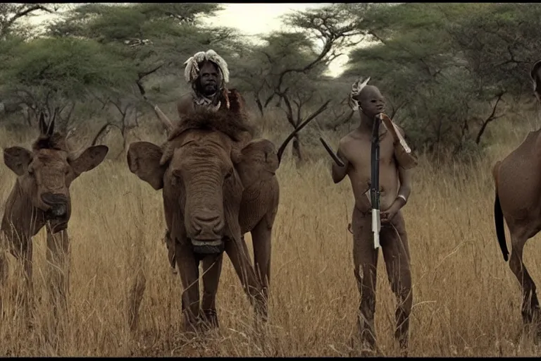 Image similar to cinematography African tribe hunting in the savanna by Emmanuel Lubezki