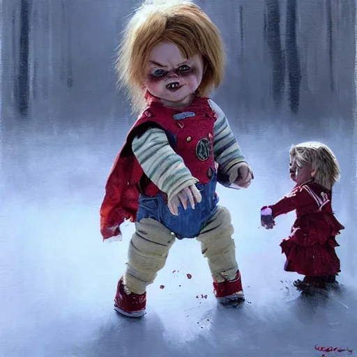 Image similar to the doll chucky fighting the doll annabelle in oslo, oil painting, by greg rutkowski