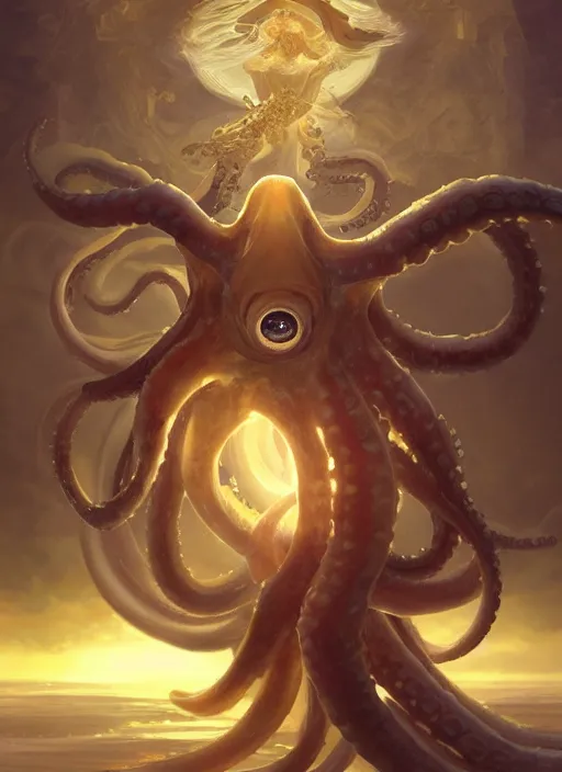 Prompt: a holy cephalopod with long powerful tentacles and a single large eye, wearing long white robe and great angelic wings, highly detailed, digital painting, artstation, concept art, matte, sharp focus, illustration, dramatic, sunset,hearthstone, art by Artgerm and Greg Rutkowski and Alphonse Mucha