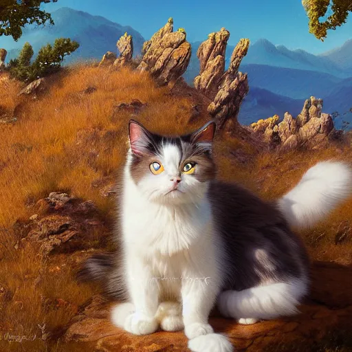 Prompt: Portrait of a ragdoll cat with a backpack in the mountains, Corsica, by Anna Dittmann and Ilya Kuvshinov, Nikolay Makovsky, fantasy, high detail, elegant, digital painting, WLOP, natural light, vibrant, intricate, textured skin, highly detailed, artstation, sharp, focus, illustration, Nikolay Makovsky