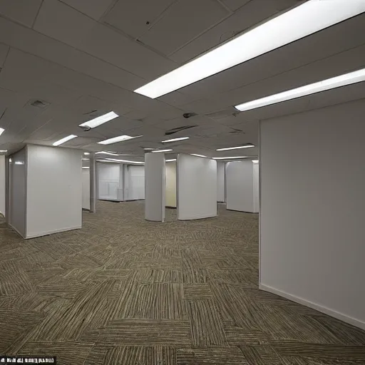 Prompt: the backrooms : an endless maze of randomly generated office rooms and other environments. it is characterized by the smell of moist carpet, walls with a monochromatic tone of yellow, and buzzing fluorescent lights