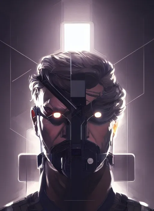 Image similar to symmetry!! portrait of solid snake, metal gear solid, tech wear, glowing lights!! intricate, elegant, highly detailed, digital painting, artstation, concept art, smooth, sharp focus, illustration, art by artgerm and greg rutkowski and alphonse mucha