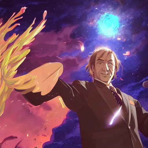 Image similar to portrait of saul goodman wielding the element of astrology magecraft, space wind, anime fantasy illustration by tomoyuki yamasaki, kyoto studio, madhouse, ufotable, trending on artstation