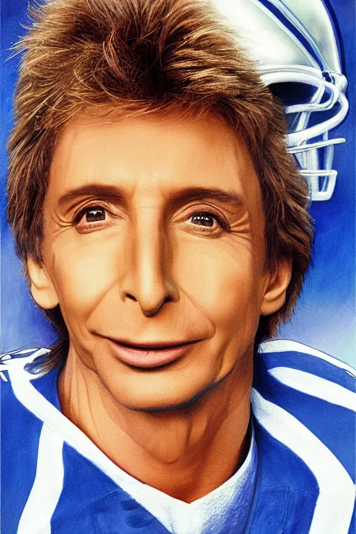 Image similar to Barry Manilow as the Quarterback of the Dallas Cowboys, oil on canvas, intricate, portrait, 8k highly professionally detailed, HDR, CGsociety