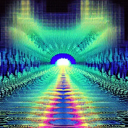 Prompt: a glitch in a cosmic metaverse, path leading to dilated pupil eye, consciousness rising, glitch art, pixelart, mystic art