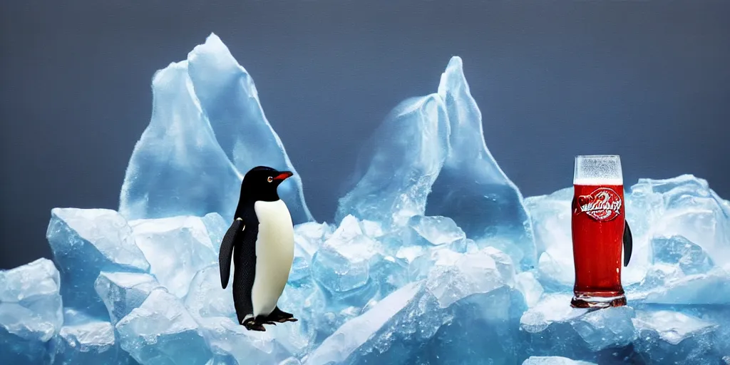 Prompt: a penguin drinking a Budweiser on an iceberg , cinematic lighting, detailed oil painting, hyperrealistic, 8k