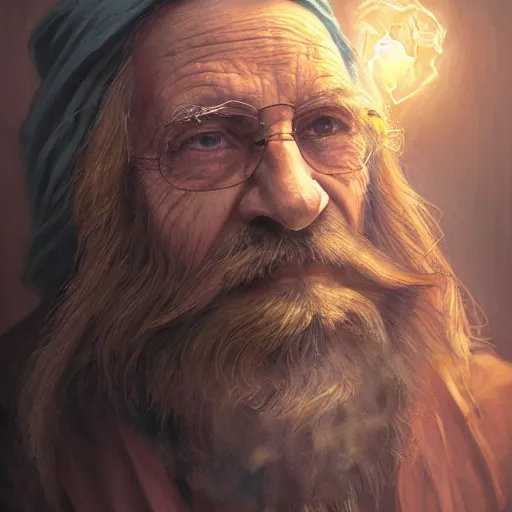 Prompt: Portrait of a old man with a long beard dressed in brown wizard robes with a hawaiian shirt underneath, detailed face, fantasy, highly detailed, cinematic lighting, digital art painting by greg rutkowski