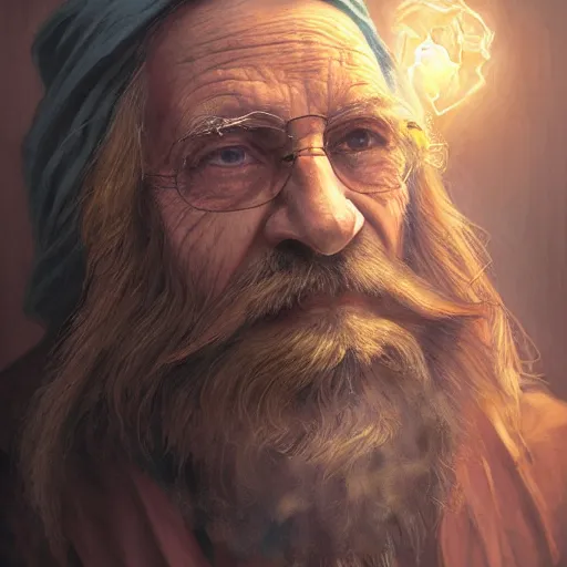 Image similar to Portrait of a old man with a long beard dressed in brown wizard robes with a hawaiian shirt underneath, detailed face, fantasy, highly detailed, cinematic lighting, digital art painting by greg rutkowski