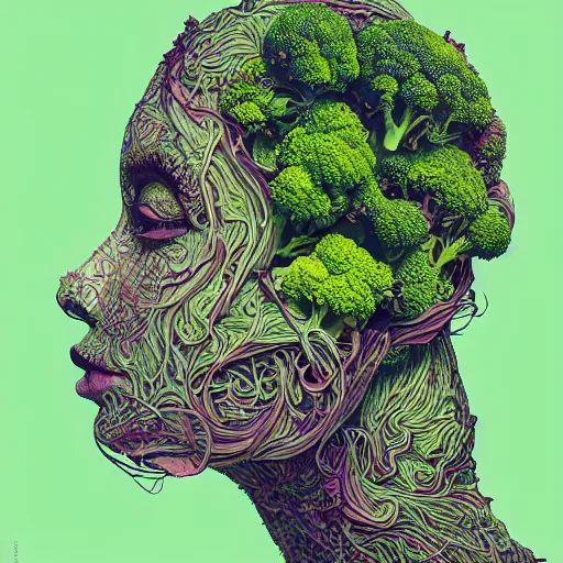 Image similar to the portrait of an unbelievably beautiful and sophisticated young woman made up of broccoli looking straight up, an ultrafine detailed illustration by james jean, intricate linework, bright colors, final fantasy, behance contest winner, vanitas, angular, altermodern, unreal engine 5 highly rendered, global illumination, radiant light, detailed and intricate environment