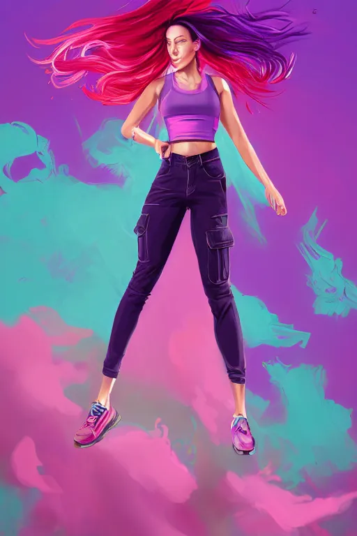 Image similar to a award winning half body porttrait of a beautiful woman in a croptop and cargo pants with ombre purple pink teal hairstyle with head in motion and hair flying, paint splashes, outrun, vaporware, shaded flat illustration, digital art, trending on artstation, highly detailed, fine detail, intricate