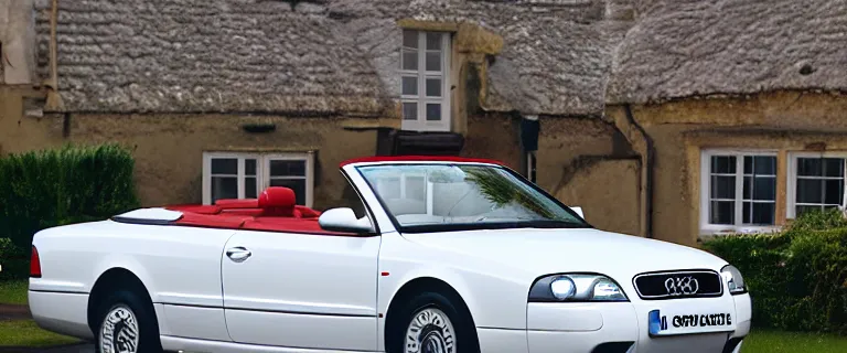 Image similar to Casablanca White Audi A4 B6 Avant Convertible (2002), red soft top roof raised, red interior, created by Barclay Shaw