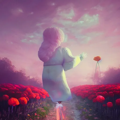 Image similar to giant carnation flower head, girl in a suit, on a path, surreal photography, sunrise, dramatic light, impressionist painting, digital painting, artstation, simon stalenhag