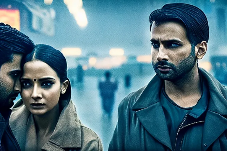 Image similar to film still of closeup beautiful model indian couple in blade runner 2 0 4 9, train station, cinematic, moody, gritty neon noir by emmanuel lubezki