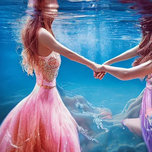 Image similar to two women under water holding hands, photo realistic, intricate details, flowing dresses and hair, volumetric lighting