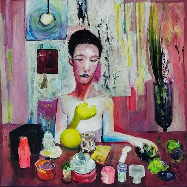 Prompt: “ a portrait in a queer female art student ’ s apartment, sensual, a diamond, skyscraper, vegetables, art supplies, paint tubes, palette knife, pigs, ikebana, herbs, a candle dripping white wax, squashed berries, berry juice drips, acrylic and spray paint and oilstick on canvas, surrealism, neoexpressionism ”