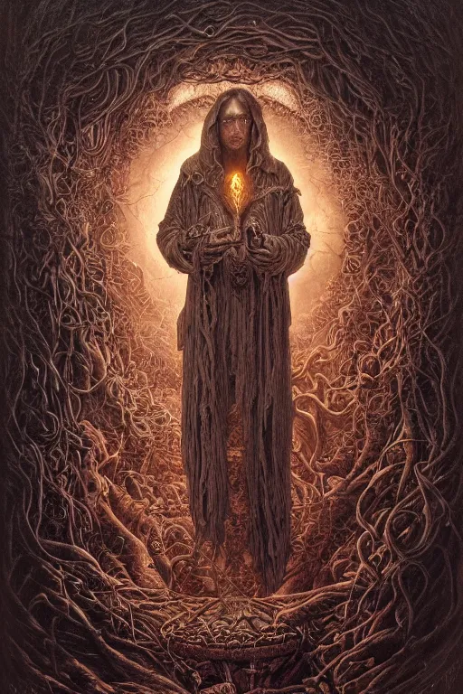 Image similar to highly detailed portrait of a dark mage casting a spell by alex grey, patrick woodroffe, mark ryden created by gustave dore and greg rutkowski, high detailed, smooth draw, synthwave neon retro, intricate, realistic proportions, dramatic lighting, trending on artstation