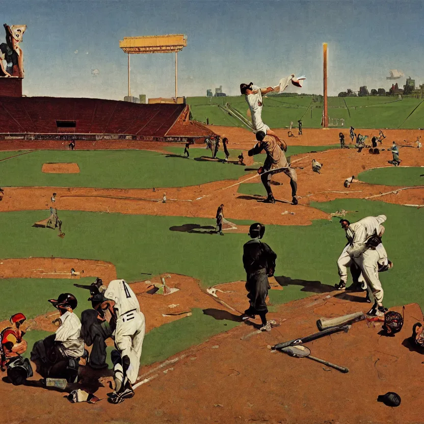 Prompt: a baseball field with an ancient monolith with glowing runes. highly detailed painting by norman rockwell and syd mead. rich colors, high contrast, gloomy atmosphere, dark background.