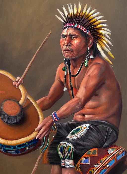 Image similar to a realistic painting of indigenous man playing drums, highly detailed, fantasy art