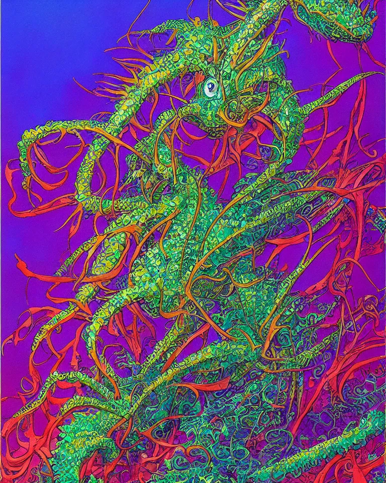 Image similar to concept art portrait of an intricately designed alien leafy sea dragon, an award winning yoshitaka amano poster. a masterpiece by james gurney. vivid color.