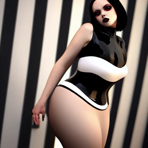 Image similar to a curvy pale goth woman wearing an elegant modest tight shiny red-black striped latex high-neck dress, cgsociety, photorealistic, sublime-cool-hot-hyperadvanced, 16k, smooth, sharp focus, trending on ArtStation, volumetric lighting, fully clothed, thin waist