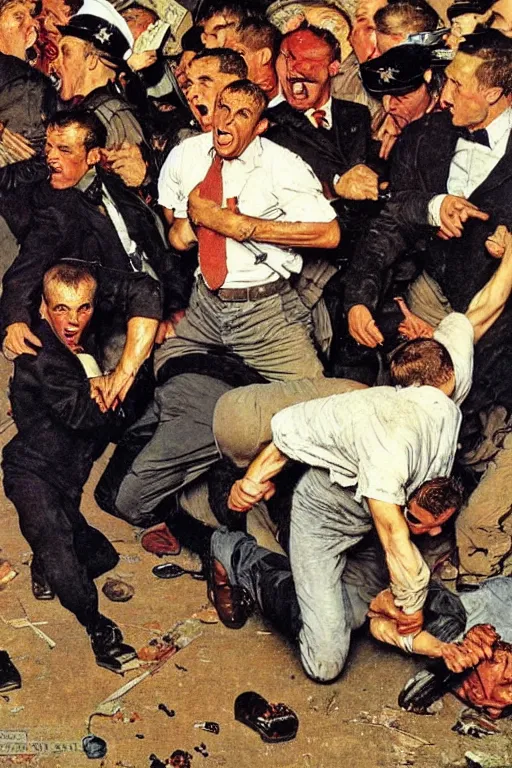 Image similar to Emmanuel Macron beating up rioters on the ground by Norman Rockwell