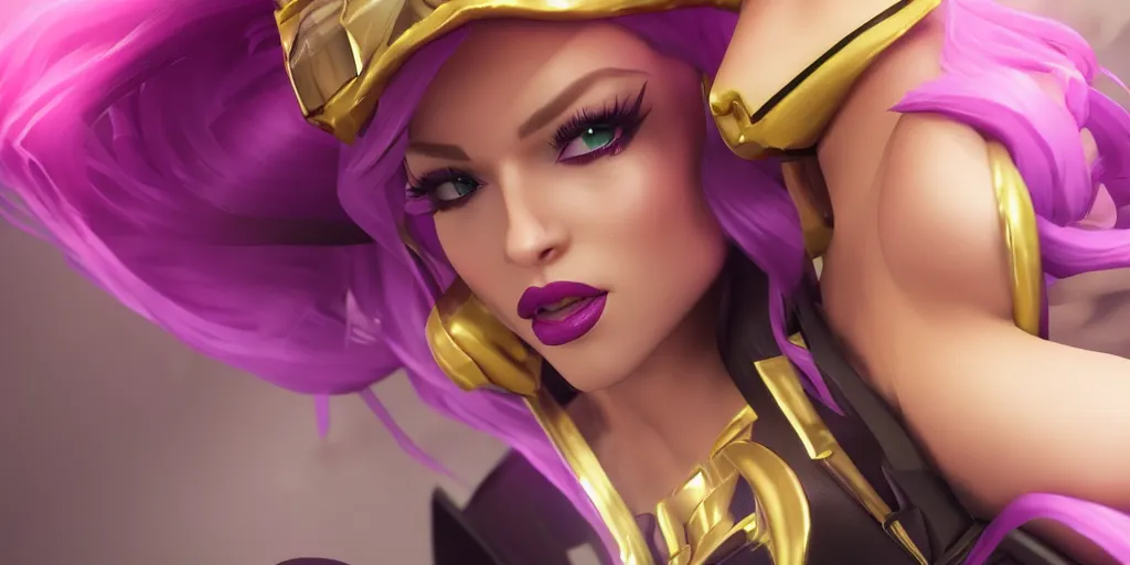 Prompt: still of pretty KDA More Miss Fortune (wild rift) close up in KDA More music video. 3d render, octane render, game art, realistic, highly detailed, trending on artstation, 4k, trending on artstation, pixar, cgsociety, unreal engine 5, redshift render, trending on artstation, blender, behance, cg