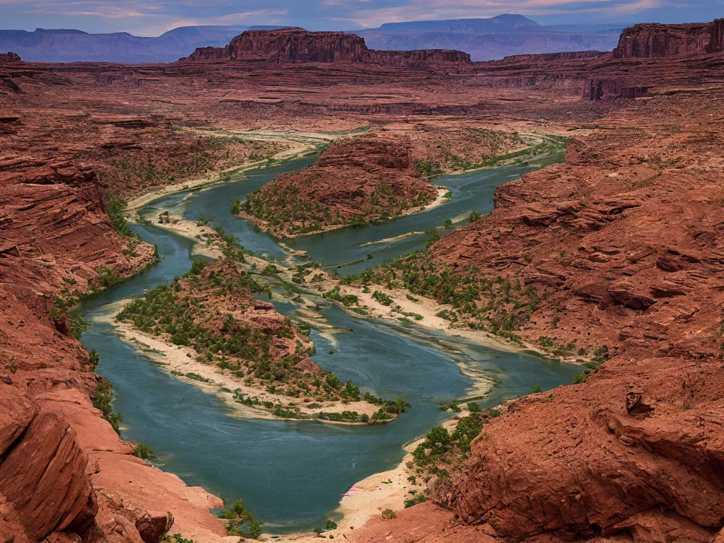 Prompt: “a river running through a canyon surrounded by desert mountains, moab, utah, a tilt shift photo by Frederic Church, trending on unsplash, hudson river school, photo taken with provia, national geographic photo, tilt shift”