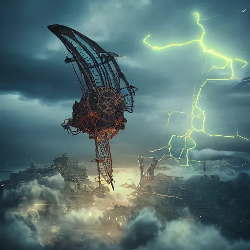 Image similar to a flying steampunk fortress, intricate, behrens style, octane render, fantasy digital art, beautiful composition, trending on artstation, night, meteors, lightning!!! storm, dramatic lighting, red glow, eldritch