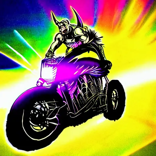 Image similar to psychedelic blacklight airbrush artwork, hyper stylized action shot of an orc biker riding a motorcycle, airbrushed on a black background