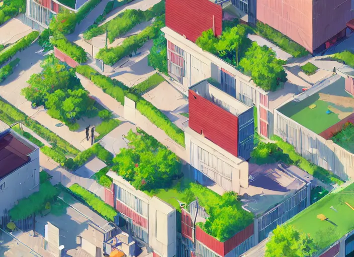 Image similar to digital illustration of walkable suburb with renewable energy, rooftop gardens and beautiful manicured landscaping by makoto shinkai, ilya kuvshinov, lois van baarle, rossdraws, basquiat trending on artstation | warm color scheme