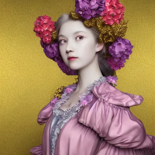 Image similar to 8k, octane render, realism, tonalism, renaissance, rococo, baroque, portrait of a young lady wearing long harajuku manga dress with flowers and skulls, background chaotic gold leaf flowers