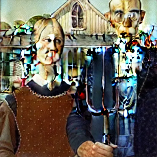 Image similar to American Gothic but with Astronauts, by Grant Wood