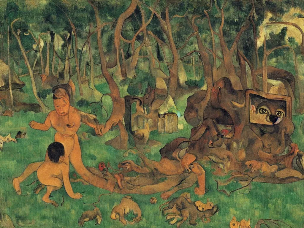 Image similar to an evil 6 - eyed wolf observing a child in the forest playing with a toy next to a hut, by paul gauguin and balthus,