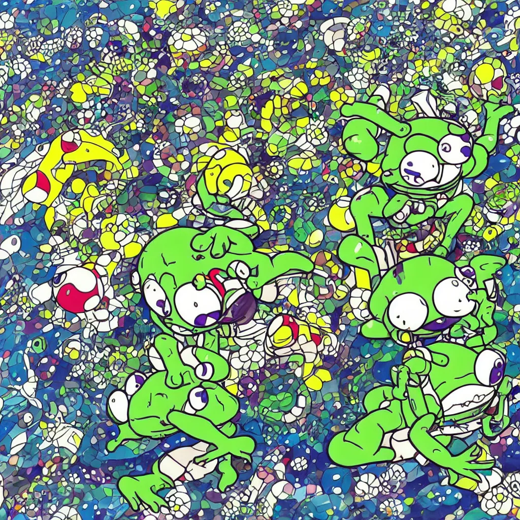 Image similar to toads, frogs, ryuta ueda artwork, breakcore, style of jet set radio, y 2 k, gloom, space, cel - shaded art style, indigo rainbow, data, minimal, takashi murakami artwork, code, cybernetic, dark, eerie, cyber