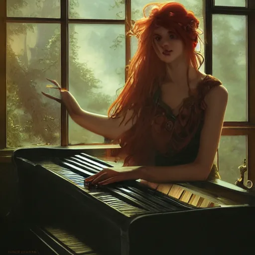 Prompt: a Photorealistic dramatic fantasy render of a beautiful redhaired woman playing the piano by WLOP,Artgerm,Greg Rutkowski,Alphonse Mucha, Beautiful dynamic dramatic dark moody lighting,shadows,cinematic atmosphere,Artstation,concept design art,Octane render,8K The seeds for each individual image are: [1629587180, 510867977, 3949301086]