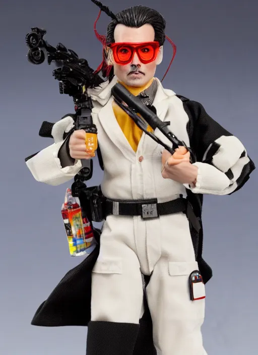 Prompt: black series action figure doll of johnny depp as a ghostbuster with glasses, still in package, pristine, from the film ghostbuster, highly detailed toy