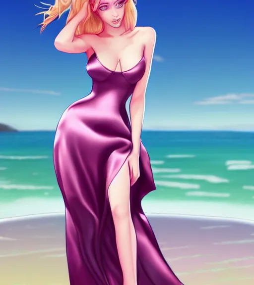 Image similar to beautiful princess in a satin dress on the beach drawn by artgerm