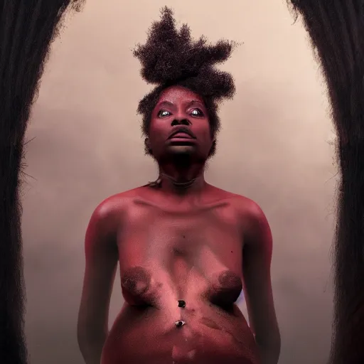 Prompt: beautiful black woman, in darkness, horror terrifying, surreal realistic, hyper details, irwin penn, full HD, 8k