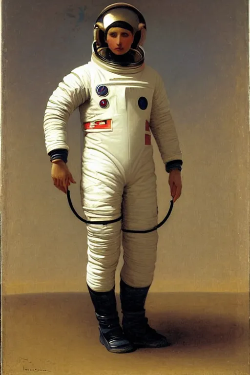 Image similar to a portrait of a male astronaut, wearing a spacesuit and helmet, dressed neatly, by bouguereau