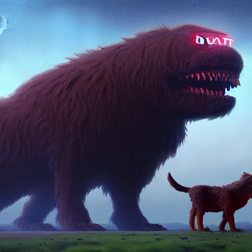 Prompt: giant furry creature lurking over a cowering smaller creature, in the foreground a small town, epic science fiction horror digital matte painting by Simon Stalenhag and Mark Brooks, extremely detailed, artstation