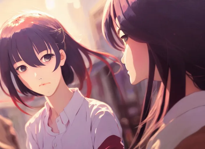 Image similar to a film still portrait of a very beautiful girl, finely detailed features, closeup at the faces, perfect art, at a market, night time,, gapmoe yandere grimdark, trending on pixiv fanbox, painted by greg rutkowski makoto shinkai takashi takeuchi studio ghibli, akihiko yoshida