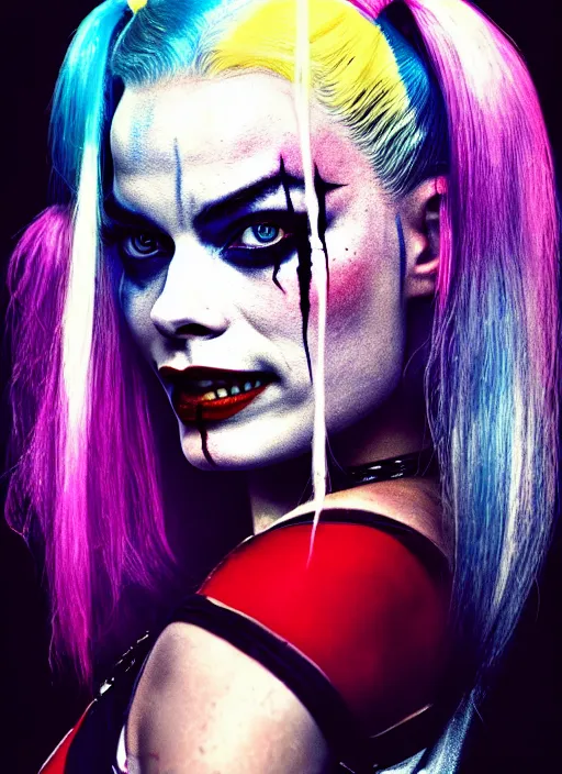 Prompt: 2 8 mm side portrait of beautiful suicide squad happy margot robbie with long white hair that looks like harley quinn, gotham city double exposure, angry frown, glamour pose, watercolor, frank miller, annie leibowitz