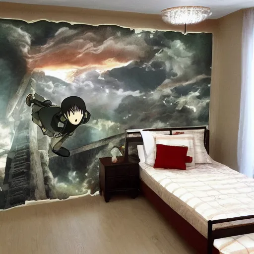 Prompt: bedroom in the style of attack on titan