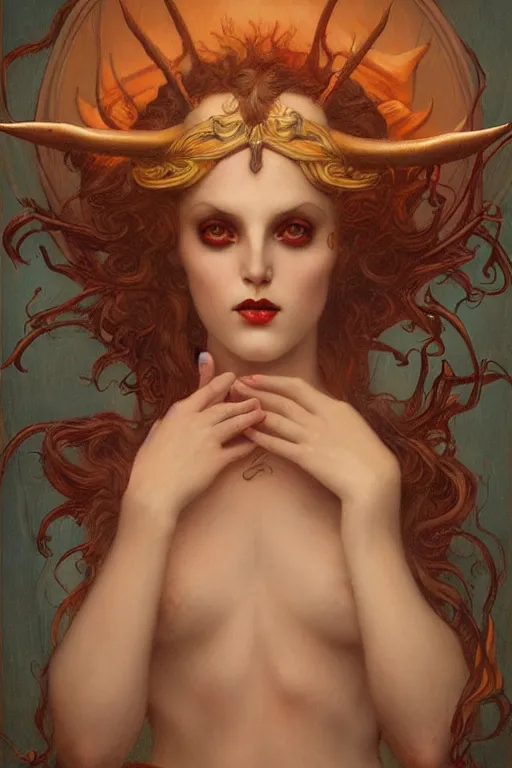 Image similar to Devil by Tom Bagshaw in the style of Gaston Bussière, art nouveau, art deco