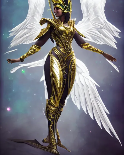 Image similar to smiling egyptian queen wearing white dove wings, warframe armor, regal, attractive, ornate, sultry, elize theron, pretty face, green eyes, scifi platform, 4 k, ultra realistic, epic lighting, illuminated, cinematic, black gold, art by akihito tsukushi, voidstar