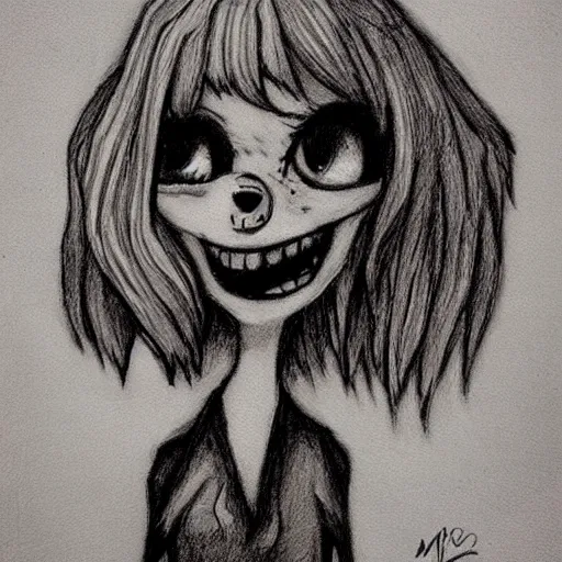 Image similar to grunge drawing of a cartoon dog with big eyes and a wide smile by mrrevenge, corpse bride style, horror themed, detailed, elegant, intricate